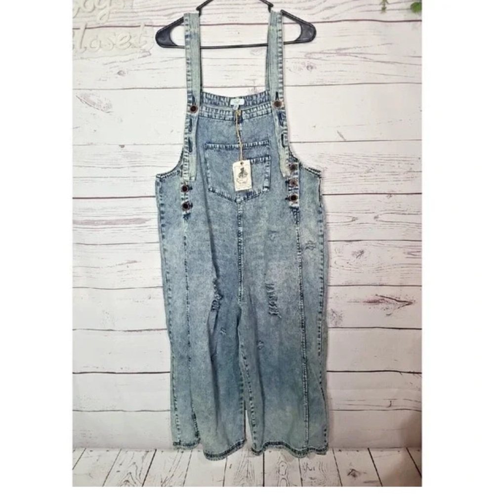 NWT Easel Denim Distressed Bib Overalls Wide Leg sz M